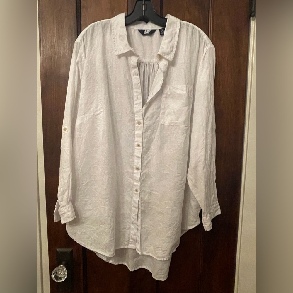 Lands' End Linen Button Down Tunic 1X White Roll Sleeve Relaxed Fit Shirt